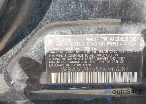 2006 BMW 325Xi from USA, damaged, VIN WBAVD13556KV06182